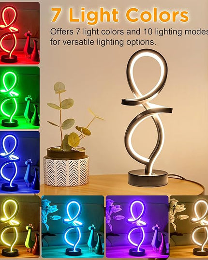 Modern Table Lamp, LED Spiral Lamp, RGB Table Lamp, Black Bedside Lamp with 7 Colors 10 Light Modes, Touch Dimmable Nightstand Lamp for Bedroom Living Room Home Office, 15W - LeafyLoom