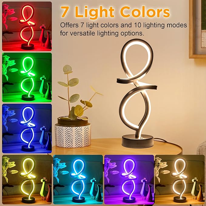 Modern Table Lamp, LED Spiral Lamp, RGB Table Lamp, Black Bedside Lamp with 7 Colors 10 Light Modes, Touch Dimmable Nightstand Lamp for Bedroom Living Room Home Office, 15W - LeafyLoom
