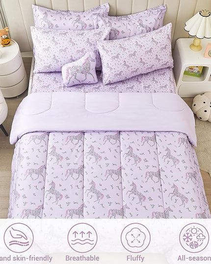 Mooreeke Full Size Comforter Sets for Girls Kids, 8 Pieces Bed in a Bag Purple Floral Unicorn Bedding Comforter Sheet Set with Shams and Decorative Toy Pillow, Ultral Soft Microfiber Kids Bed Set - LeafyLoom
