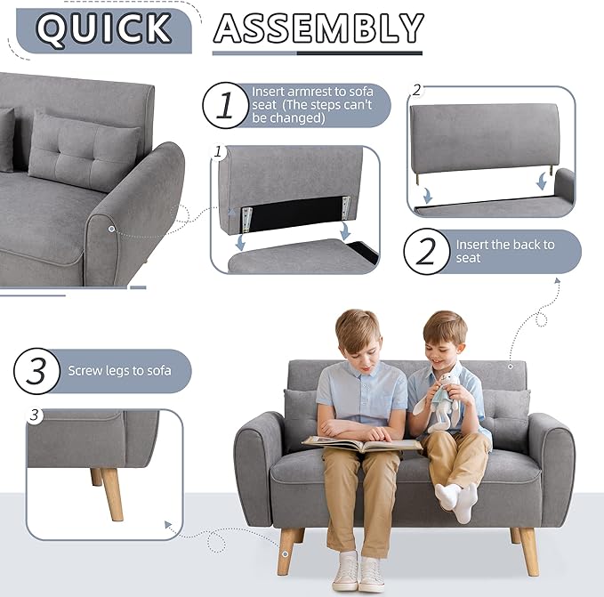 Shintenchi Small Modern Loveseat Couch Sofa, Light Grey, 2-Seat, Mid Century Fabric Upholstered, Tool-Free Assembly - LeafyLoom