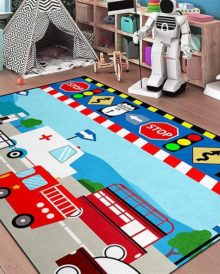 Cartoon Ambulance Car Area Rug Car Carpet for Kids Play Rug for Cars and Trucks Car Rug Play Mat Car Track Rug Truck Rugs for Boys Room Rugs for Boys Bedroom,Light Blue 3'×4' - LeafyLoom