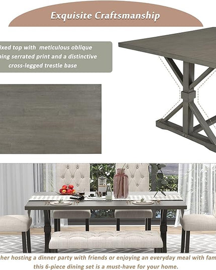 Farmhouse Rectangular 72" Wood, 4 Upholstered Chairs with Bench, Easy to Assemble, for Living, Guest Room, Home Bar and Kitchen, 6 Piece Dining Table Set, Gray 14 - LeafyLoom
