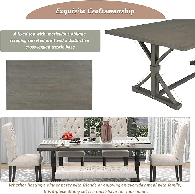 Piece Wood Rectangular Dining Set for 6, includes 1 Table with Cross-Legged Trestle Base, 4 Upholstered High Back Chairs & 1 Bench, Farmhouse Style, Gray, 72" L x 42" W x 30" H - LeafyLoom