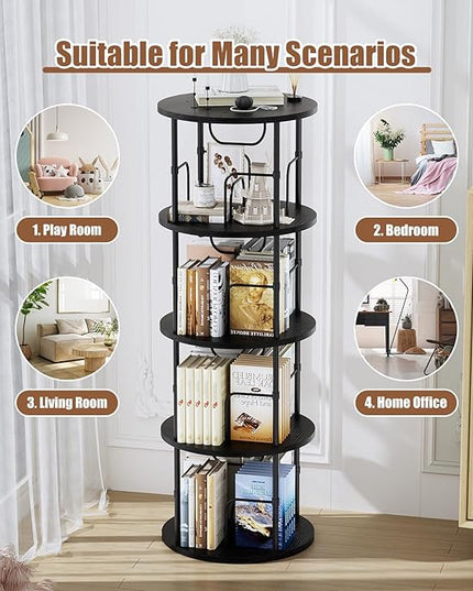 Rotating Bookshelf, 4 Tier Spinning Bookshelf Tower, 360° Display Unique Round Bookcase, Floor Standing Corner Revolving Bookshelf Storage Organizer for Small Spaces, Home Study Office, Black - LeafyLoom