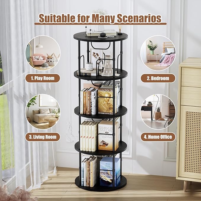 Rotating Bookshelf, 4 Tier Spinning Bookshelf Tower, 360° Display Unique Round Bookcase, Floor Standing Corner Revolving Bookshelf Storage Organizer for Small Spaces, Home Study Office, Black - LeafyLoom