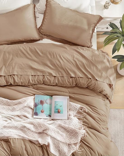 Andency Taupe Comforter Set Full Size, 3 Pieces Boho Tassel Lightweight Bedding Comforter Sets, Tan All Season Soft Fluffy Fringe Bed Set (79x90In Comforter & 2 Pillowcases) - LeafyLoom