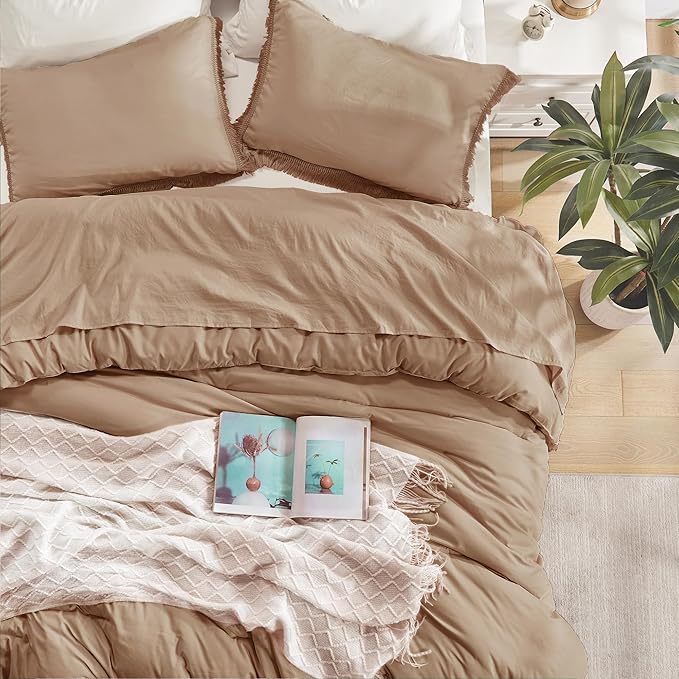 Andency Taupe Comforter Set Full Size, 3 Pieces Boho Tassel Lightweight Bedding Comforter Sets, Tan All Season Soft Fluffy Fringe Bed Set (79x90In Comforter & 2 Pillowcases) - LeafyLoom