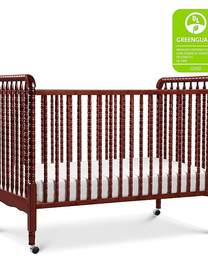 DaVinci Jenny Lind 3-in-1 Convertible Crib in Rich Cherry, Removable Wheels, Greenguard Gold Certified - LeafyLoom
