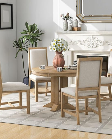 Extendable Round Upholstered, X-Shape Base, Modern Small Kitchen Chairs Room Home Furniture Breakfast Nook, Dining Table Set for 4-6, Natural - LeafyLoom