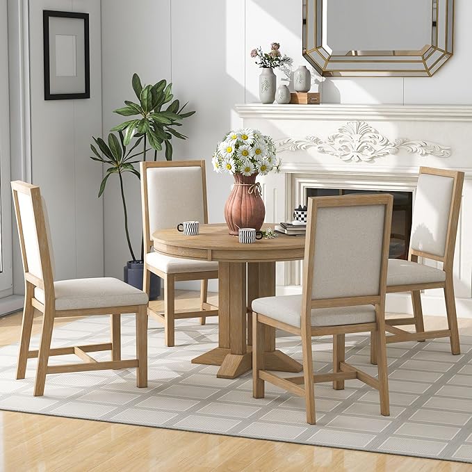 Extendable Round Upholstered, X-Shape Base, Modern Small Kitchen Chairs Room Home Furniture Breakfast Nook, Dining Table Set for 4-6, Natural - LeafyLoom