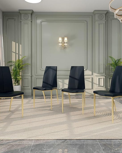 Modern Faux Leather Dining Chairs Set of 4, Padded Seat Dining Side Chairs, Upholstered Chair with Metal Legs for Kitchen, Living Room, Dining Room, Black Chairs+Gold Legs - LeafyLoom