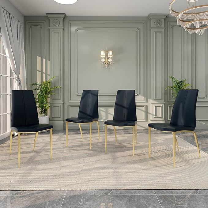 Modern Faux Leather Dining Chairs Set of 4, Padded Seat Dining Side Chairs, Upholstered Chair with Metal Legs for Kitchen, Living Room, Dining Room, Black Chairs+Gold Legs - LeafyLoom