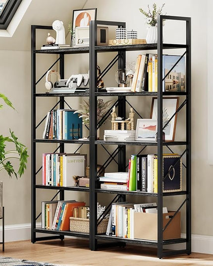 DWVO 5 Tier Bookshelf, Industrial Bookshelves Open Shelf Bookcase, Storage Shelves Organizer Display Rack for Bedroom,Living Room,Office,Kitchen, Charcoal Gray - LeafyLoom