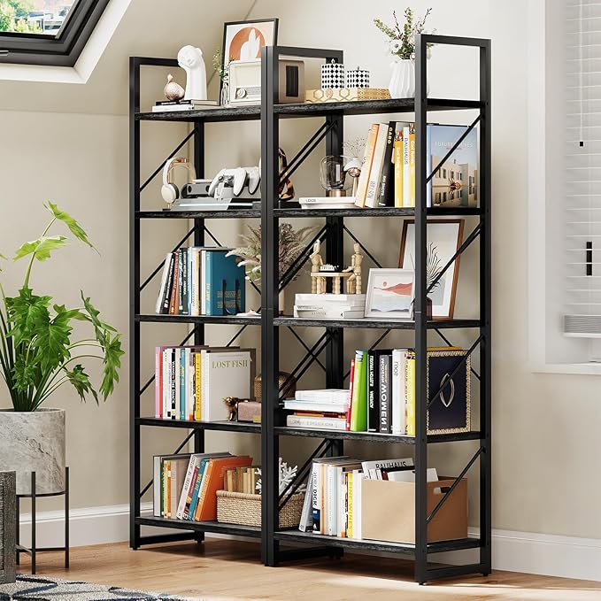 DWVO 5 Tier Bookshelf, Industrial Bookshelves Open Shelf Bookcase, Storage Shelves Organizer Display Rack for Bedroom,Living Room,Office,Kitchen, Charcoal Gray - LeafyLoom