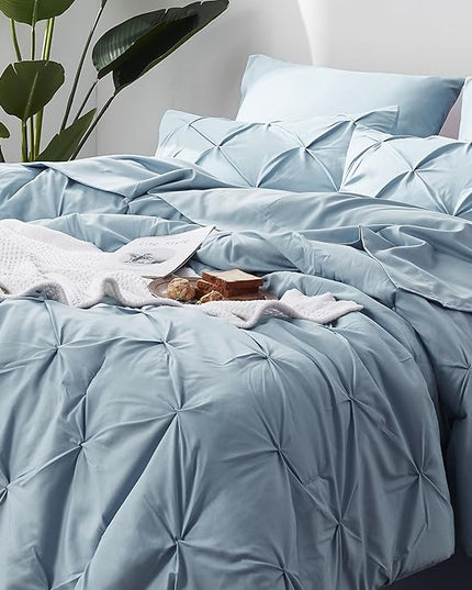 Bedsure Blue Comforter Set Queen - Bed in a Bag Queen 7 Pieces, Pintuck Bedding Sets Light Blue Bed Set with Comforter, Sheets, Pillowcases & Shams - LeafyLoom