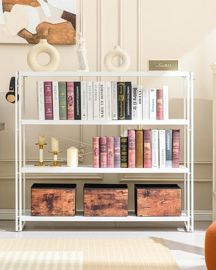 HCHQHS Bookshelf, 4-Tier Industrial Bookcase, White Open Book Shelf, Freestanding Tall Bookshelves with Metal Frame - LeafyLoom