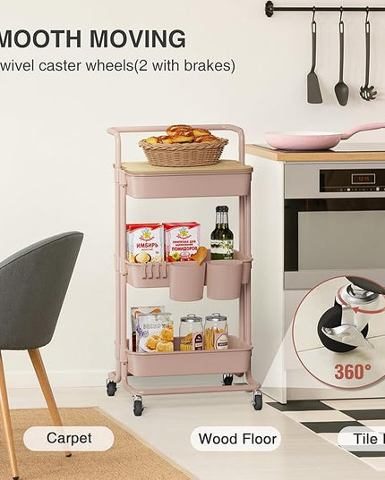DTK 3 Tier Rolling Utility Cart with Cover Top Board, Movable Kitchen Storage Cart Trolley with Lockable Wheels, Cups, Hooks for Kitchen Bathroom Home Office Art Craft Storage and Organization(Pink) - LeafyLoom