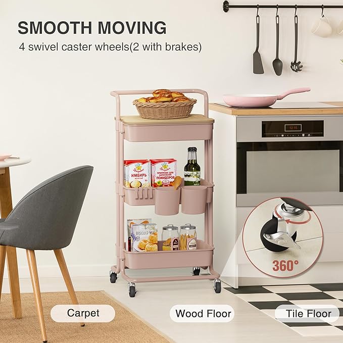 DTK 3 Tier Rolling Utility Cart with Cover Top Board, Movable Kitchen Storage Cart Trolley with Lockable Wheels, Cups, Hooks for Kitchen Bathroom Home Office Art Craft Storage and Organization(Pink) - LeafyLoom