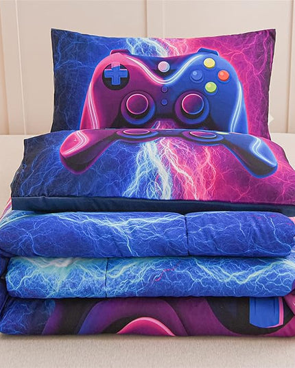 Meeting Story Gamer Gaming Bedding Sets Red Blue Lightnings Gamepad Comforter Set for Boys Games Console Action Buttons Novelty Colorful Modern Room Decor Home Quilt Set (Blue-Purple, Queen) - LeafyLoom
