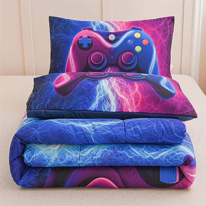 Meeting Story Gamer Gaming Bedding Sets Red Blue Lightnings Gamepad Comforter Set for Boys Games Console Action Buttons Novelty Colorful Modern Room Decor Home Quilt Set (Blue-Purple, Queen) - LeafyLoom