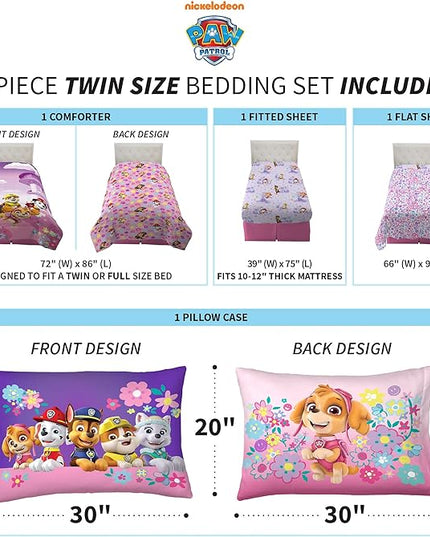 Paw Patrol Girls Kids Bedding Super Soft Comforter and Sheet Set, (4 Piece) Twin Size, (Official) Nickelodeon Product By Franco - LeafyLoom