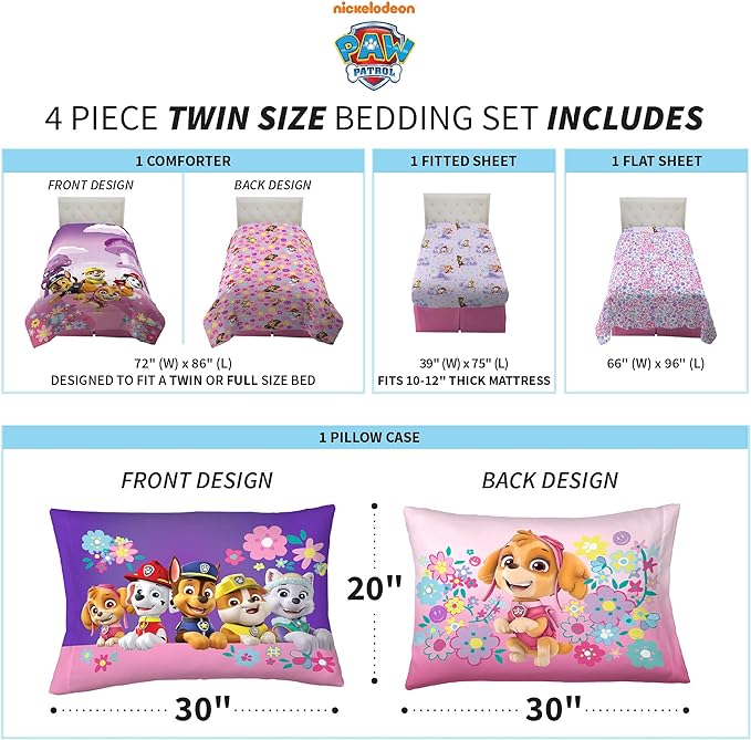 Paw Patrol Girls Kids Bedding Super Soft Comforter and Sheet Set, (4 Piece) Twin Size, (Official) Nickelodeon Product By Franco - LeafyLoom