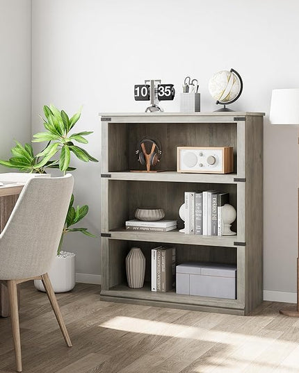 GAOMON 3 Tier Bookcase, Farmhouse Book shelf with Storage Open Display Bookshelves, 40" Low Book Case Wooden 3 Shelf Bookcase Home Decor Furniture for Home Office, Living Room, Bed Room - Grey - LeafyLoom