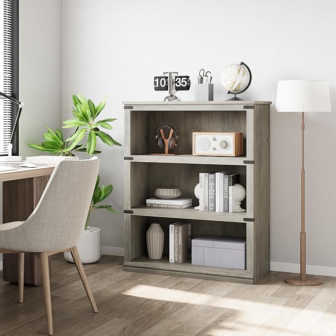 GAOMON 3 Tier Bookcase, Farmhouse Book shelf with Storage Open Display Bookshelves, 40" Low Book Case Wooden 3 Shelf Bookcase Home Decor Furniture for Home Office, Living Room, Bed Room - Grey - LeafyLoom