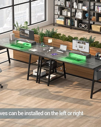 armocity Computer Desk with LED Lights, Reversible Desk with Power Outlet, 55'' Desk with Storage Shelves, Gaming Desk with Moveable Monitor Stand and Storage Bag for Home Office Workstation, Grey - LeafyLoom