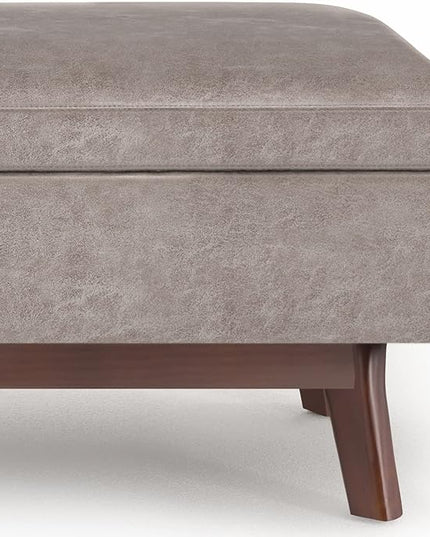 SIMPLIHOME Owen 36 Inch Wide Mid Century Modern Rectangular Coffee Table Lift Top Storage Ottoman in Upholstered Distressed Grey Taupe Faux Leather, For the Living Room - LeafyLoom