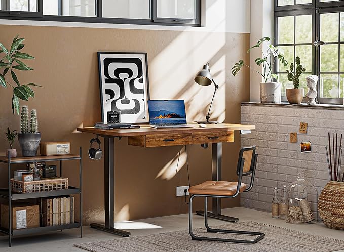 FEZIBO Adjustable Height Electric Standing Desk with Double Drawer, 55x 24 Inches Stand Up Home Office Desk with Splice Tabletop, Black Frame/Fir Brown Top - LeafyLoom