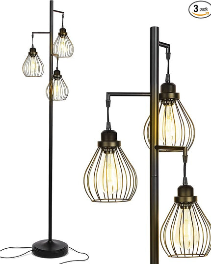 Brightech Teardrop LED Floor Lamp – Tree Standing Lamp with 3 Elegant Cage Heads & Edison Bulbs – Standing Lamp for Living Rooms & Offices – Tall Standing Lamp Ideal for Bedroom Reading – Black - LeafyLoom