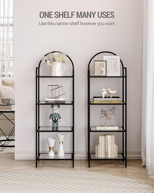 Bookcase Bookshelf, Tempered Glass Bookshelves, Slim Shelving Unit for Bedroom, Bathroom, Home Office, Steel Frame, 4 Tier Black BC04001B - LeafyLoom