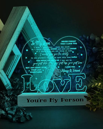 to My Love Wife Gifts from Husband, Romantic Valentines Gift 3D Illusion Lamp Wooden Base USB Powered Acrylic Night Light for Him Her Girlfriend Boyfriend Husband Wife on Birthday Anniversary - LeafyLoom