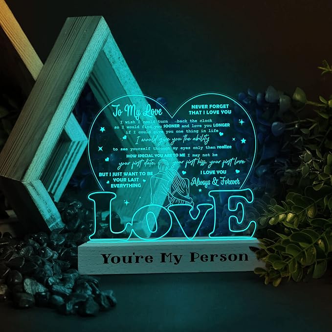 to My Love Wife Gifts from Husband, Romantic Valentines Gift 3D Illusion Lamp Wooden Base USB Powered Acrylic Night Light for Him Her Girlfriend Boyfriend Husband Wife on Birthday Anniversary - LeafyLoom