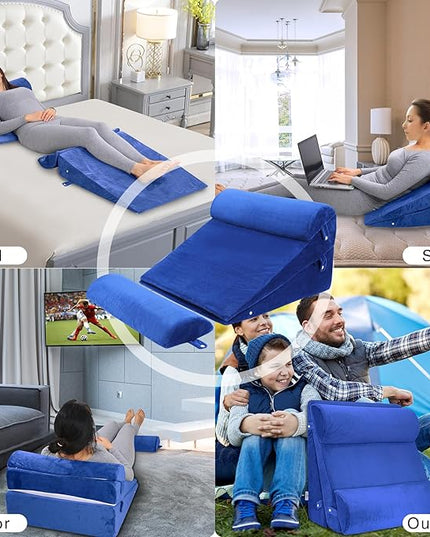 Bed Wedge Pillow Set 4Pcs for Sleeping,Elevation,Assist in Post Surgery Recovery,Acid Reflux,GERD,Snoring,Full Meory Foam,Washable Velvet Cover Roya Blue - LeafyLoom