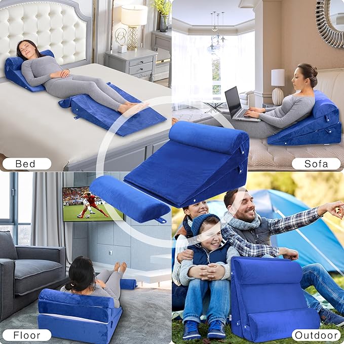 Bed Wedge Pillow Set 4Pcs for Sleeping,Elevation,Assist in Post Surgery Recovery,Acid Reflux,GERD,Snoring,Full Meory Foam,Washable Velvet Cover Roya Blue - LeafyLoom