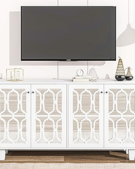 Merax Buffet Cabinet with Adjustable Shelves, 4-door Mirror Hollow-Carved TV stand for Television Up to 65 inches, Multi-functional Console Table with Storage Credenza for Living Room, White - LeafyLoom