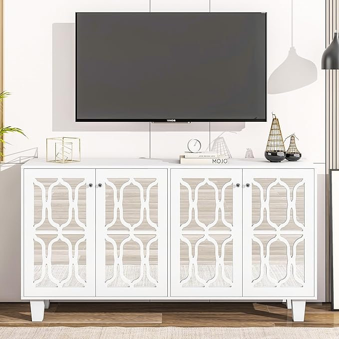 Merax Buffet Cabinet with Adjustable Shelves, 4-door Mirror Hollow-Carved TV stand for Television Up to 65 inches, Multi-functional Console Table with Storage Credenza for Living Room, White - LeafyLoom