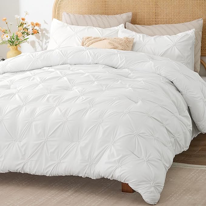 BEDELITE White Twin Comforter Set for Girls - 2 Peices Boho Pintuck Bedding Comforter Sets, Lightweight Soft & Warm Twin Bedding Sets with 1 Pillowcase for All Season - LeafyLoom