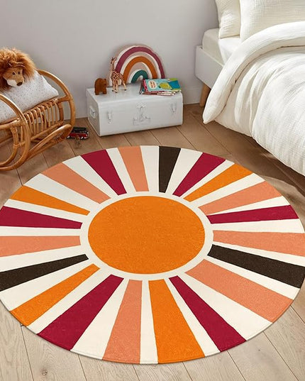 Round Washable Rug 4 Ft Small Round Rug for Kids Room, Orange Sun Circle Rug for Playroom, Non-Slip Circular Office Carpet Soft Rainbow Rug for Bedroom Reading Corner Dorm - LeafyLoom