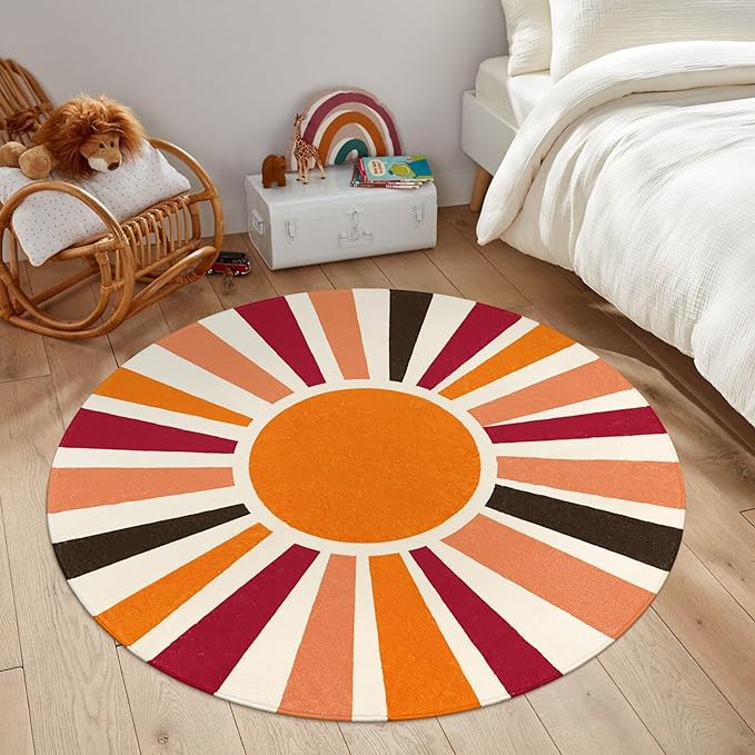 Round Washable Rug 4 Ft Small Round Rug for Kids Room, Orange Sun Circle Rug for Playroom, Non-Slip Circular Office Carpet Soft Rainbow Rug for Bedroom Reading Corner Dorm - LeafyLoom