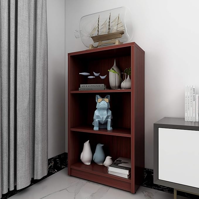 3 Shelf Wood Bookcase Freestanding Display Shelf Adjustable Layers Bookshelf for Home Office Library Small Narrow Space(Mahogany, 3-Layers,24.4W x 11.6D x 44.1H inch) - LeafyLoom