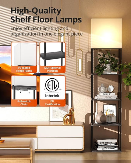sympa Floor Lamp with Shelves, 5-Tier Floor Lamps for Living Room with 2 RGB Bulbs, APP Controlled, Pull Chain Switch, Modern Floor Lamp with White lampshade for Living Room, Bedroom and Office - LeafyLoom