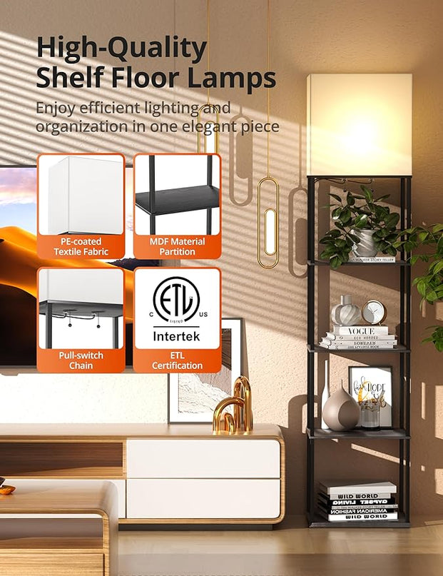 sympa Floor Lamp with Shelves, 5-Tier Floor Lamps for Living Room with 2 RGB Bulbs, APP Controlled, Pull Chain Switch, Modern Floor Lamp with White lampshade for Living Room, Bedroom and Office - LeafyLoom