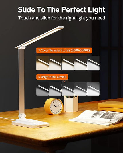 LED Desk Lamp, Desk Lamp with Wireless Charger, Dimmable Eye-Caring Table Lamps with Night Light, USB Charging Port, 4 Color Modes, 4 Brightness Levels, Memory Function, Desk Light for Home Office - LeafyLoom