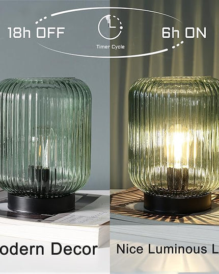Battery Operated Lamp, Cordless Table Lamps for Home Decor, Battery Powered Nightlight with LED Bulb, Decorative Glass Beside Lamp for Bedroom Living Room-Green - LeafyLoom