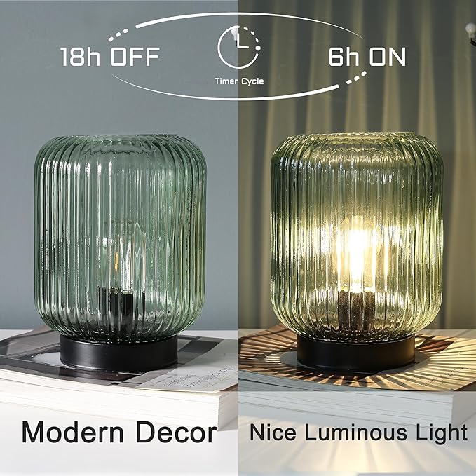 Battery Operated Lamp, Cordless Table Lamps for Home Decor, Battery Powered Nightlight with LED Bulb, Decorative Glass Beside Lamp for Bedroom Living Room-Green - LeafyLoom