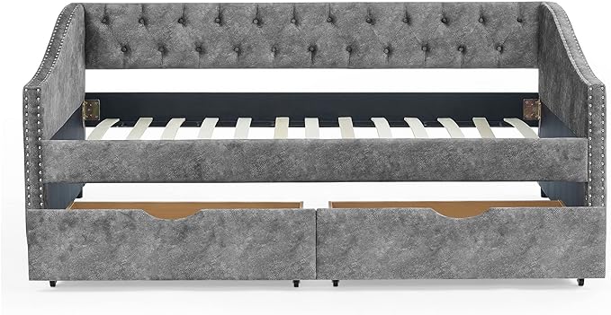 Twin Size Daybed with 2 Storage Drawers,Linen Upholstered Sofa Bed W/Button on Back & Copper Nail on Waved Shape Armrests,No Spring Box Need,Wood Bedframe for Living Room Bedroom Dorm,Grey - LeafyLoom