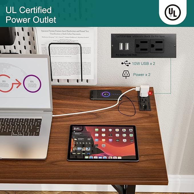 Frylr Small Foldable Desk 43.3''X 19.6''X 29.5'',Foldable Table with 2 Power Sockets and 2.1A USB Charging Ports, Folding Computer Desk for Home Office, No Install Needed, Walnut + Black Leg - LeafyLoom